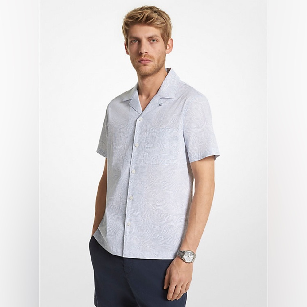 Michael Kors Men's Printed Stretch Cotton Button Down Shirt White Blue XL NEW